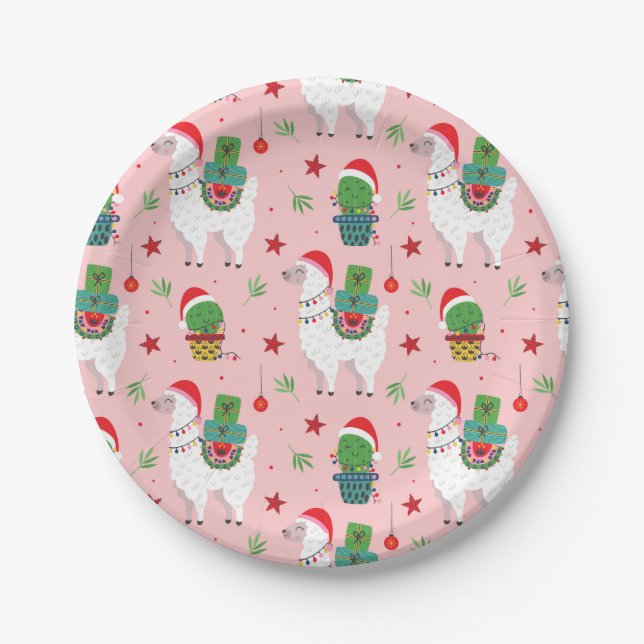 Llamas and Cacti Christmas Pattern Paper Plate (Front)