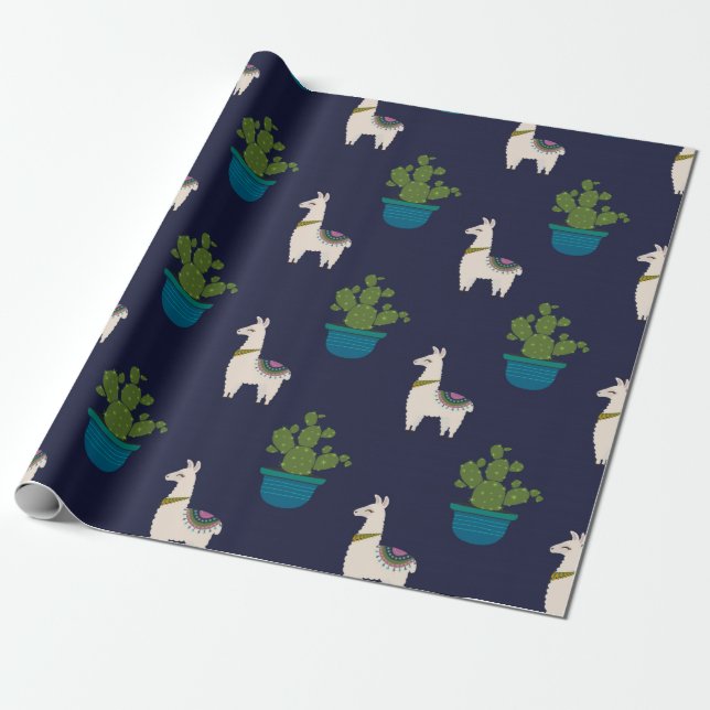 Llamas and Cactus on Navy Wrapping Paper (Unrolled)