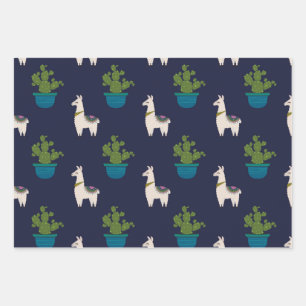 Llamas and Cactus on Navy Wrapping Paper Sheet