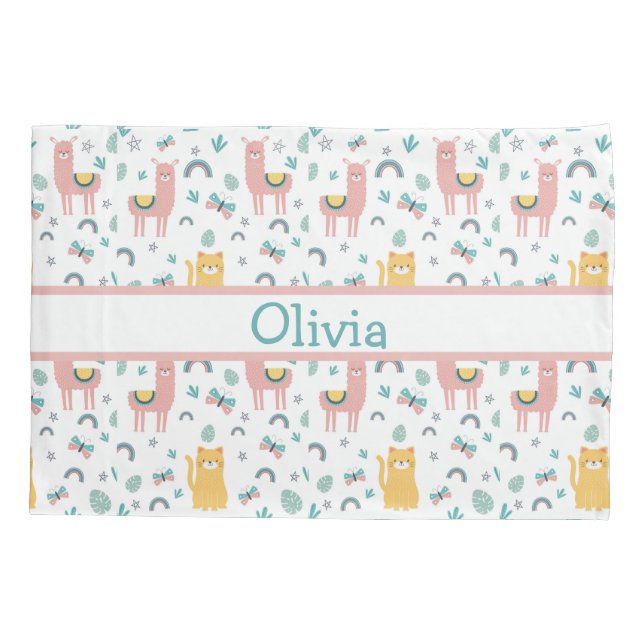 Llamas Cats Alapaca Pink Name Animals Boho Pillowcase (Back)