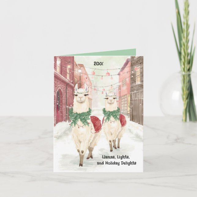 Llamas Christmas Card – Whimsical Holiday Lights  (Front)