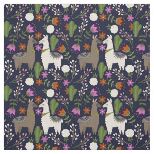 Llamas, Flowers and Cactus on Navy Fabric
