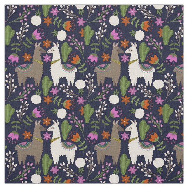Llamas, Flowers and Cactus on Navy Fabric (Swatch)