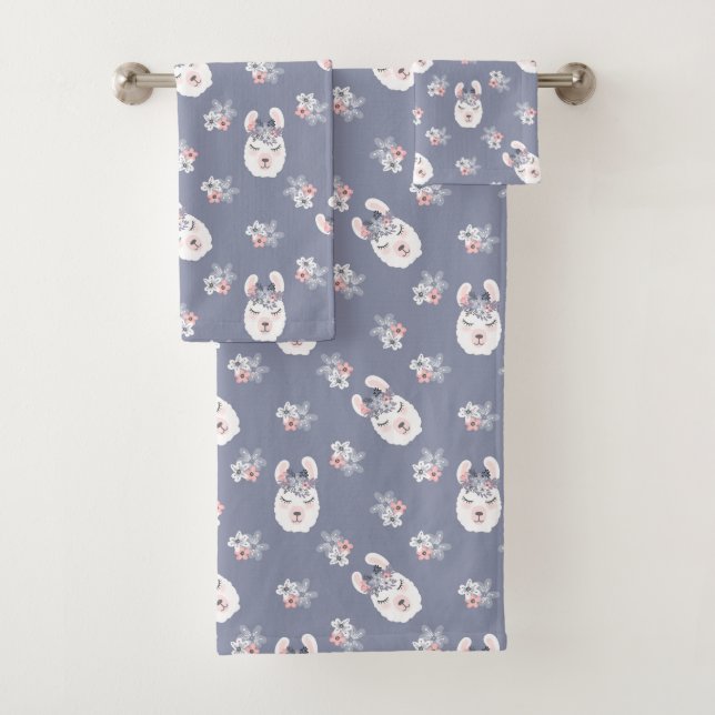 Llamas & Flowers Pattern Bath Towel Set (Insitu)