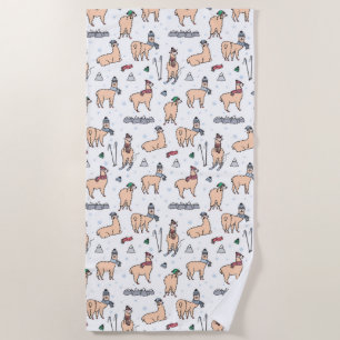 Llamas In Hats & Scarves Skiing Pattern Beach Towel
