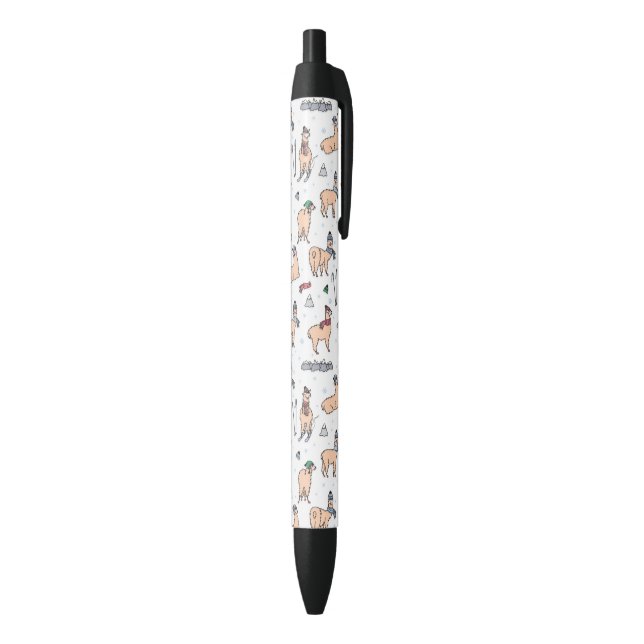 Llamas In Hats & Scarves Skiing Pattern Black Ink Pen (Bottom (Vertical))