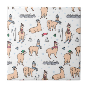 Llamas In Hats & Scarves Skiing Pattern Ceramic Tile