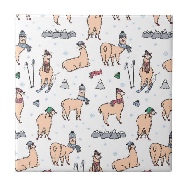 Llamas In Hats & Scarves Skiing Pattern Ceramic Tile (Front)