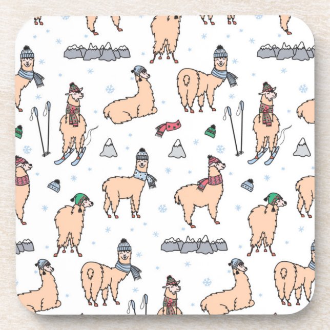 Llamas In Hats & Scarves Skiing Pattern Coaster (Front)
