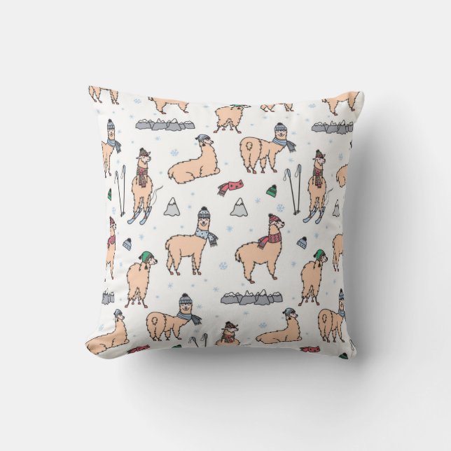 Llamas In Hats & Scarves Skiing Pattern Cushion (Front)
