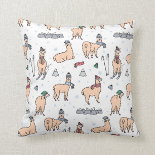 Llamas In Hats & Scarves Skiing Pattern Cushion