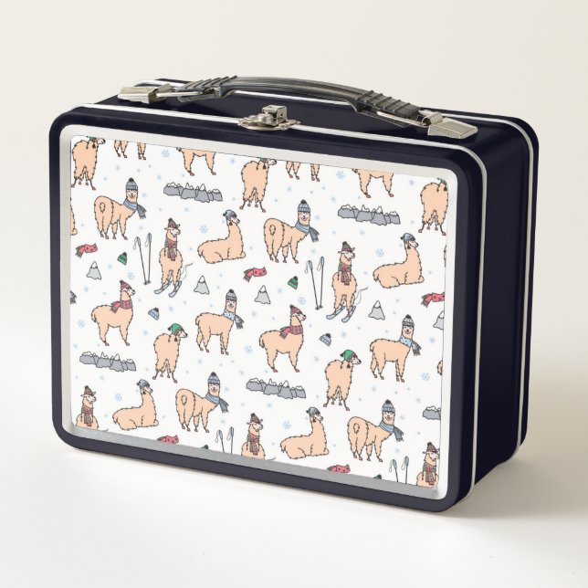 Llamas In Hats & Scarves Skiing Pattern Metal Lunch Box (Front)