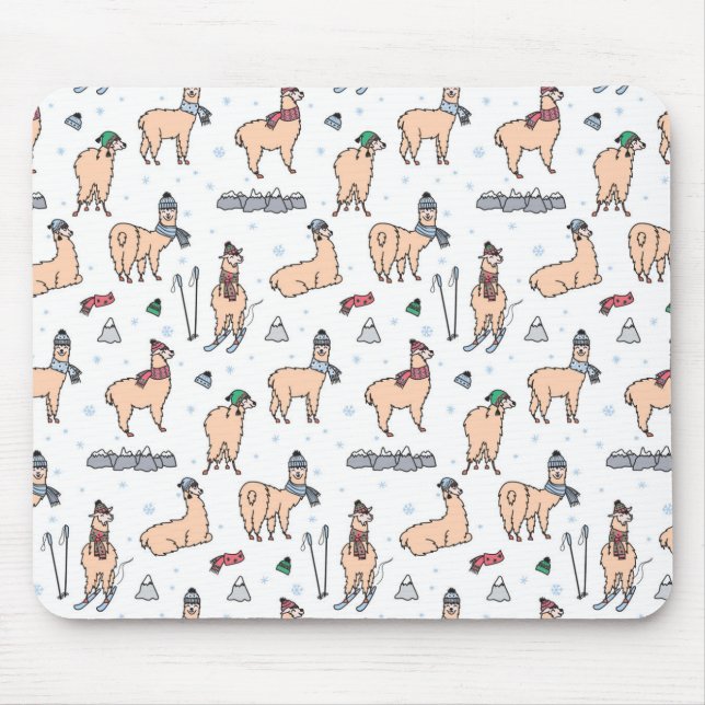 Llamas In Hats & Scarves Skiing Pattern Mouse Pad (Front)