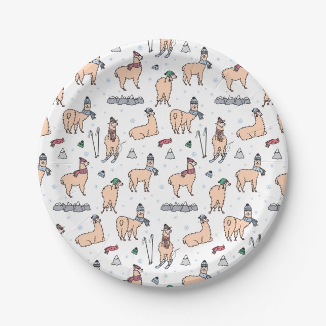 Llamas In Hats & Scarves Skiing Pattern Paper Plate (Front)