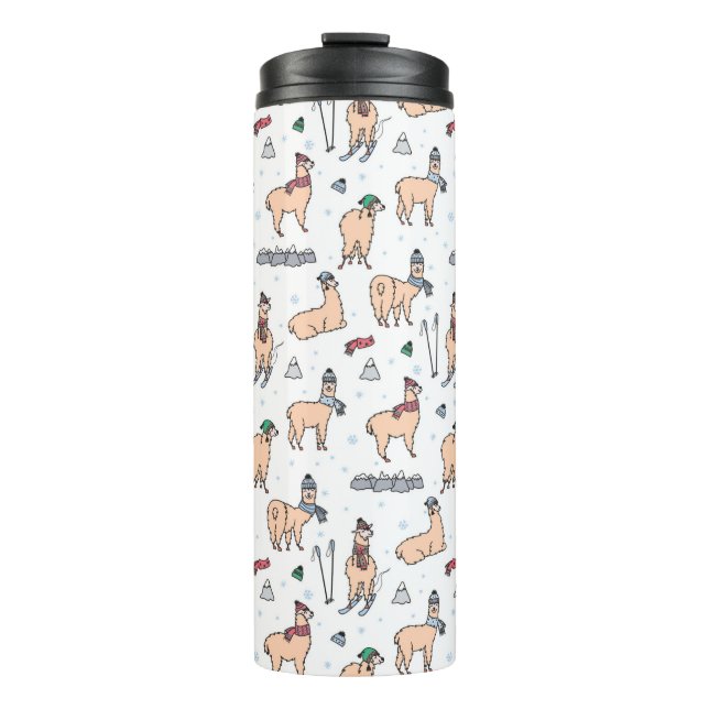 Llamas In Hats & Scarves Skiing Pattern Thermal Tumbler (Front)