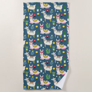 Llamas In Sunglasses Pattern Beach Towel