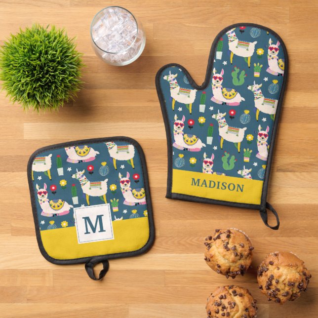 Llamas In Sunglasses Pattern Oven Mitt & Pot Holder Set (Top Down)