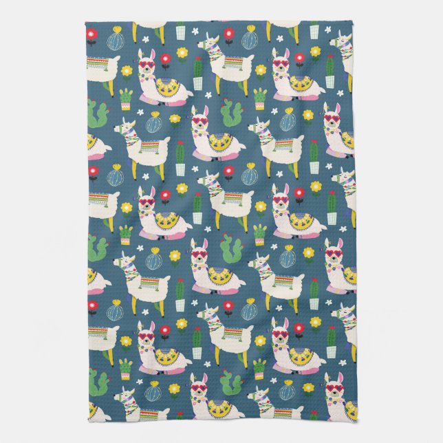 Llamas In Sunglasses Pattern Tea Towel (Vertical)