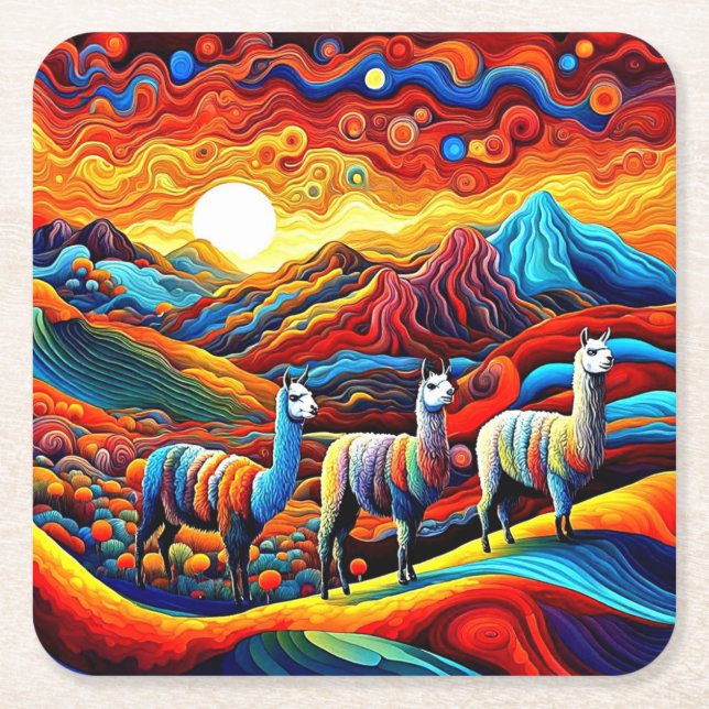 Llamas in the mountains 2 square paper coaster (Front)
