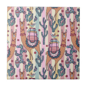 Llamas On Stripes Pattern Ceramic Tile