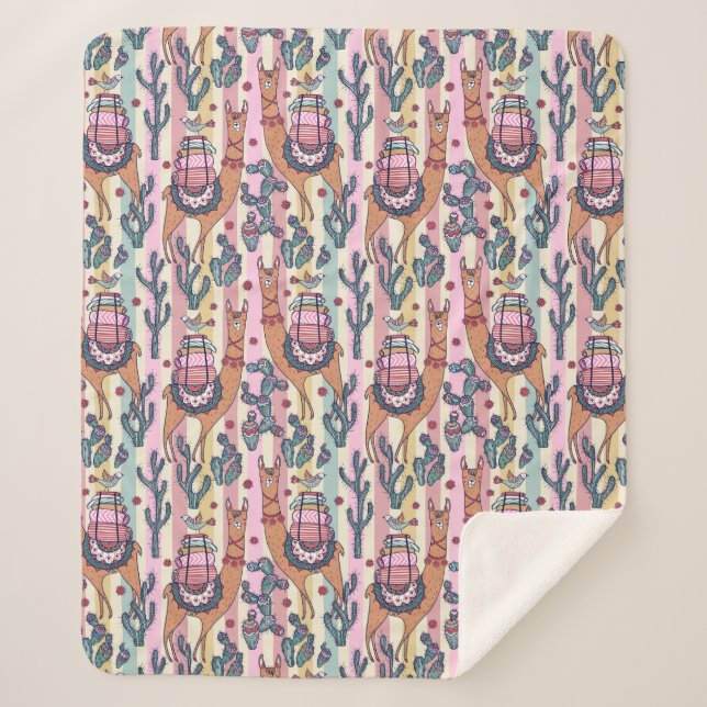 Llamas On Stripes Pattern Sherpa Blanket (Front)