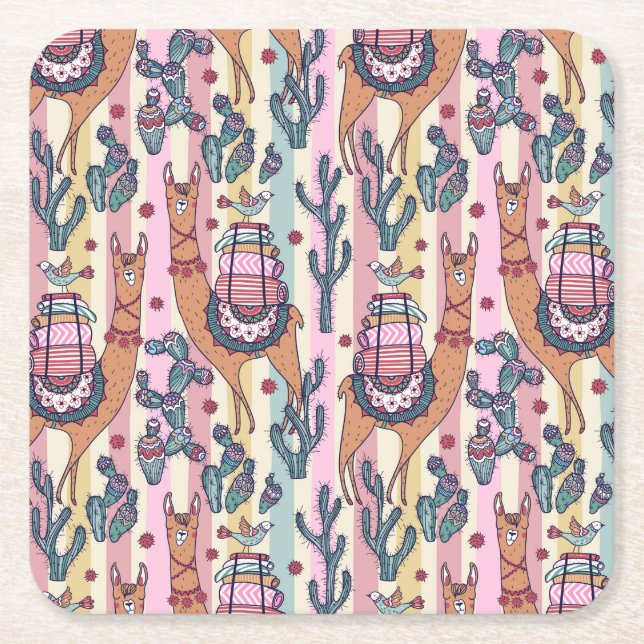 Llamas On Stripes Pattern Square Paper Coaster (Front)