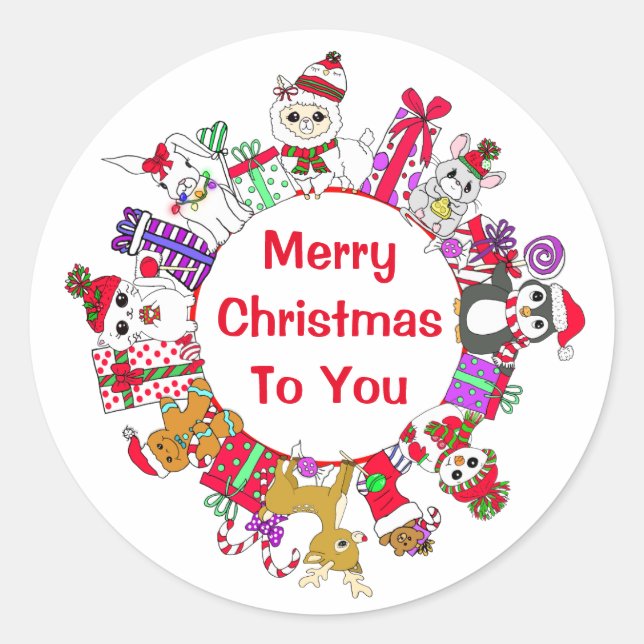 Llamas, Penguin, Gingerbread Man Festive Holiday Classic Round Sticker (Front)