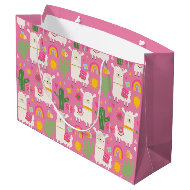 Llamas Rainbows Green Cactus Light Girly Pink Cute Large Gift Bag (Back Angled)