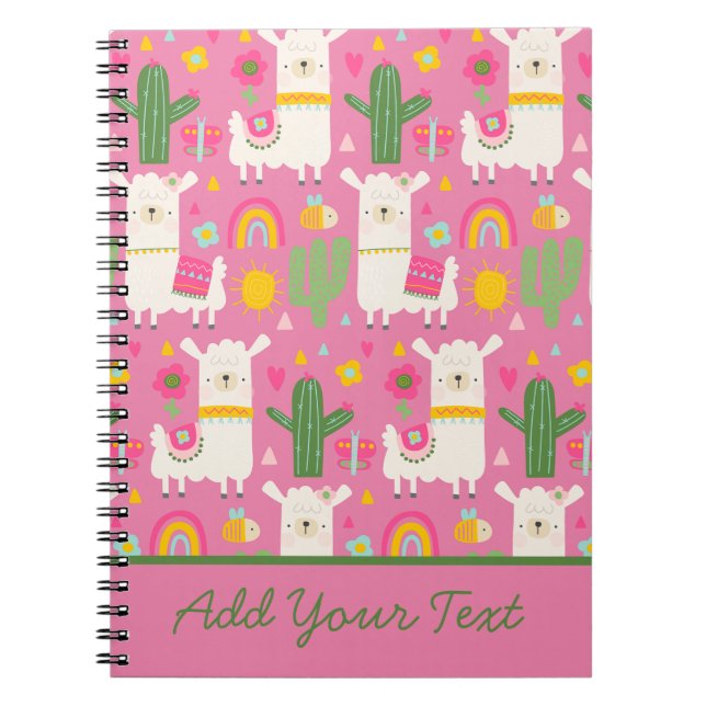 Llamas Rainbows Green Cactus Light Girly Pink Cute Notebook (Front)