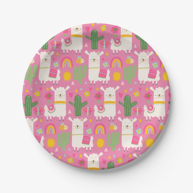 Llamas Rainbows Green Cactus Light Girly Pink Cute Paper Plate (Front)