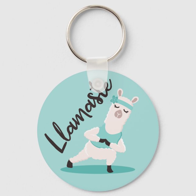 Llamaste Cute Teal Llama Yoga Character Monogram Key Ring (Front)