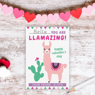 Llamazing Pink Llama Girls Classroom Valentine Card