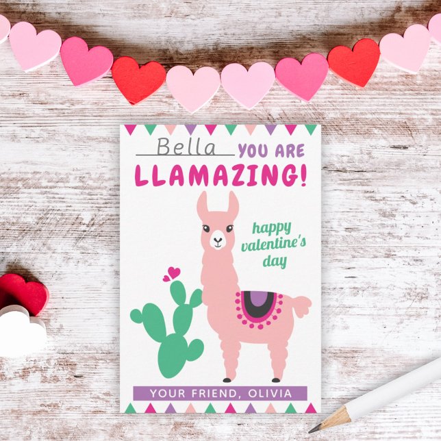 Llamazing Pink Llama Girls Classroom Valentine Card (Creator Uploaded)