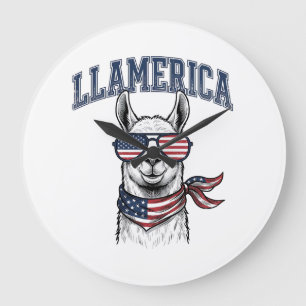 Llamerica Patriotic Llama Vintage Engraving T-Shir Large Clock