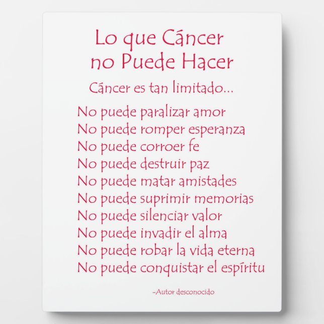 Lo que Cancer no Puede Hacer Poem Plaque (Front)