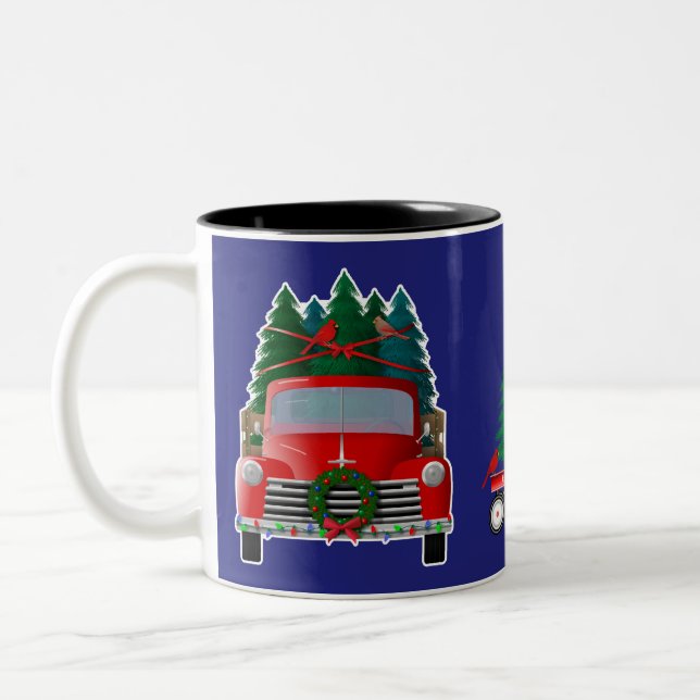 Load of Christmas Trees Little Red Truck Two-Tone Coffee Mug (Left)