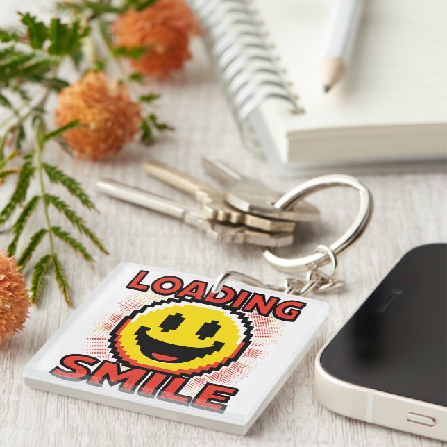 Loading Smile – Retro Pixel Art 8-Bit Smiley Face Key Ring (Front Right)