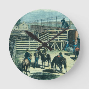Loading Texas cattle onto a train at Abilene railh Round Clock
