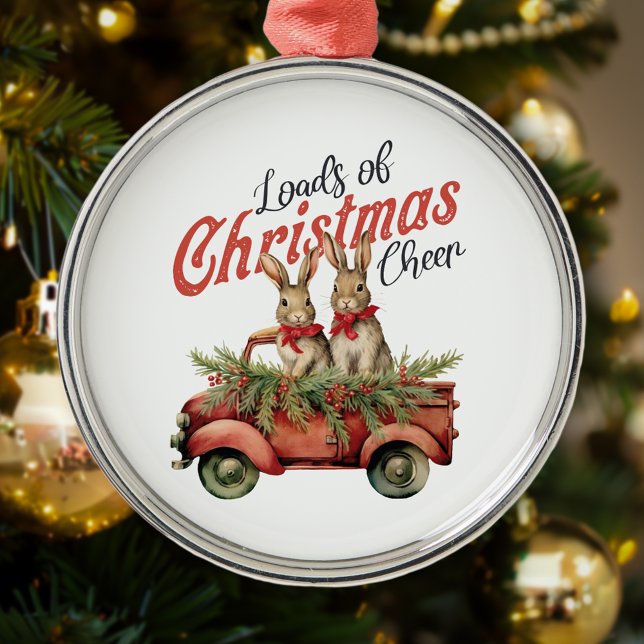 Loads of Christmas Cheer Rabbits in Red Truck Metal Ornament (Creator Uploaded)