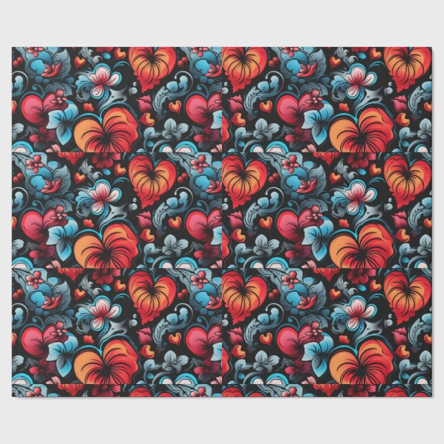 Loads of Roses Tattoo Hearts Digital Theme Wrapping Paper (Seam)