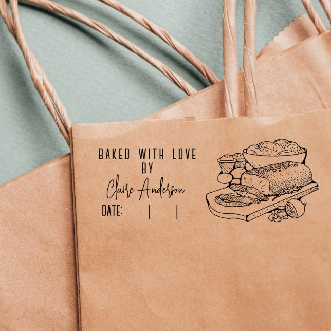 Loaf of Bread Custom Name Date Baked With Love Self-inking Stamp (Creator Uploaded)