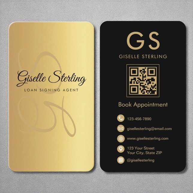 Loan Signing Agent Monogram Gold Black QR Code Business Card (Creator Uploaded)