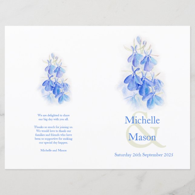 Lobelia blue watercolor Wedding Program (Front)