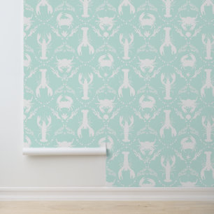 Lobster and Crab in Mint Green and White Wallpaper
