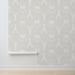 Lobster and Crabs in Light Beige and White Wallpaper