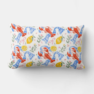 Lobster and Lemon Italian Summer Gingham Pattern Lumbar Cushion
