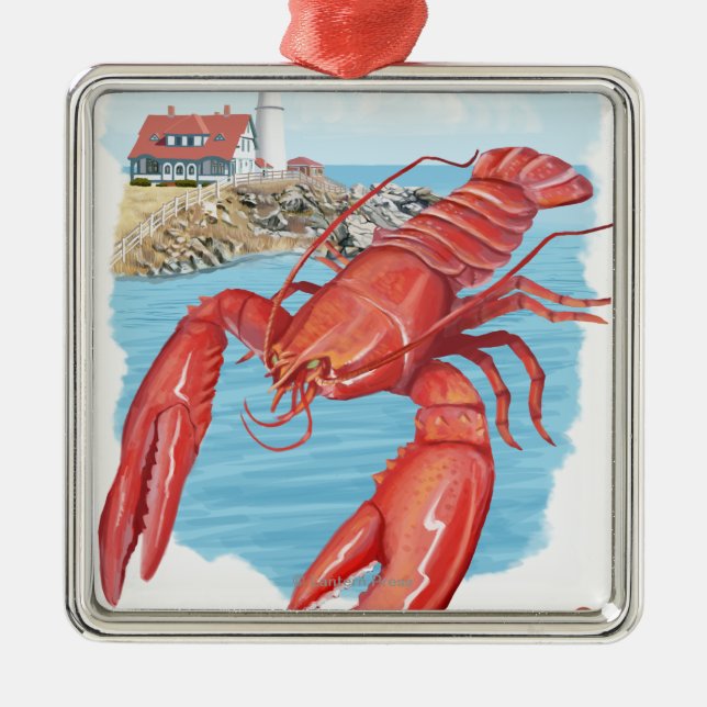 Lobster and Portland Lighthouse Scene Metal Ornament (Front)