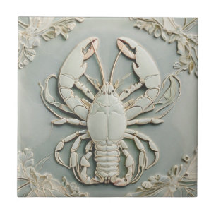 Lobster Art Nouveau Faux Relief Mint Pastel Ceramic Tile