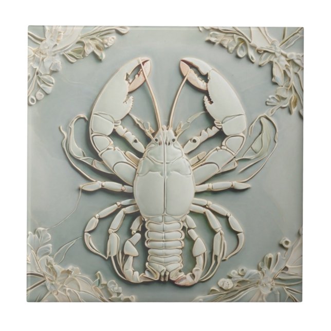 Lobster Art Nouveau Faux Relief Mint Pastel Ceramic Tile (Front)