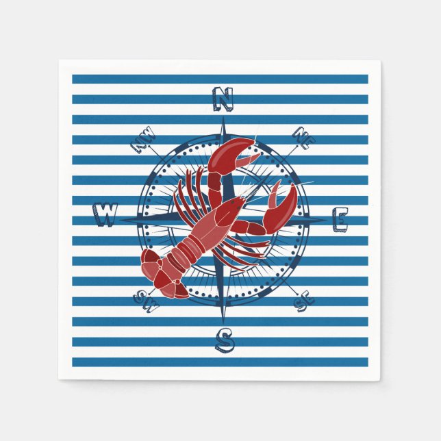 Lobster Blue and White Horizontal Stripe Napkin (Front)
